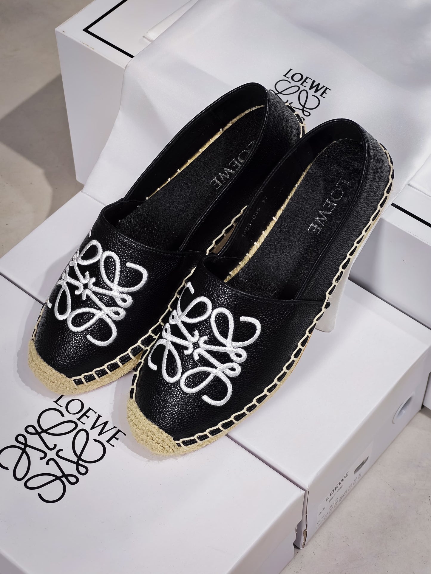Black Leather Espadrilles with Embroidered Monogram Design
