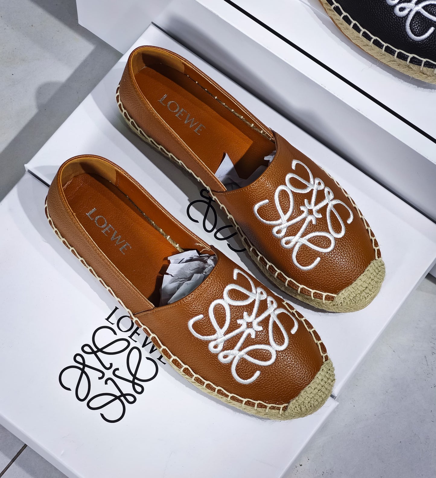 Black Leather Espadrilles with Embroidered Monogram Design