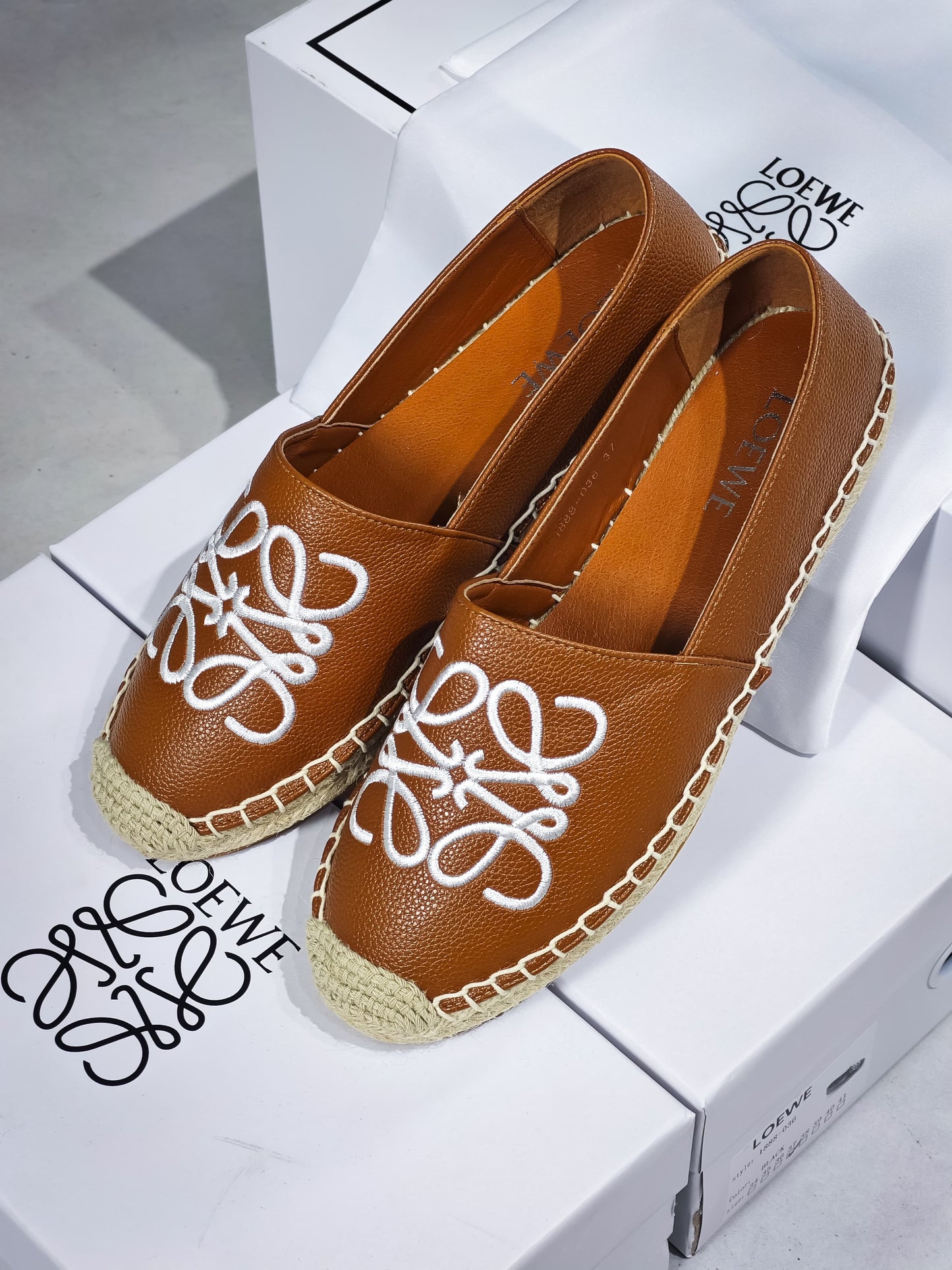 Black Leather Espadrilles with Embroidered Monogram Design